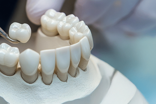 Gloved hand placing dental crown on mouth model.