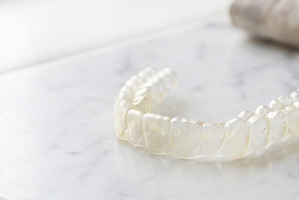 Clear aligner laying on gray marbled countertop.