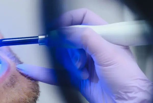 Professional teeth whitening treatment with a dental professional shining a bright LED light on the patient’s smile.